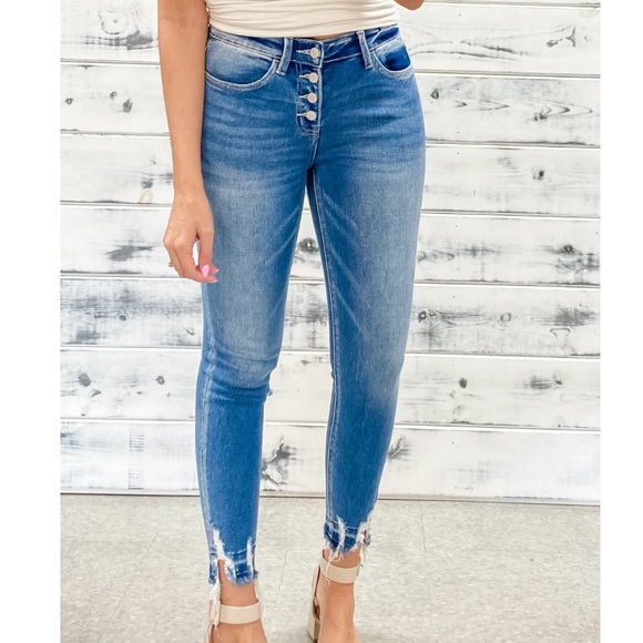 Vervet Blue High rise Distressed Button Fly Medium Wash Skinny Jeans - Picture 1 of 8